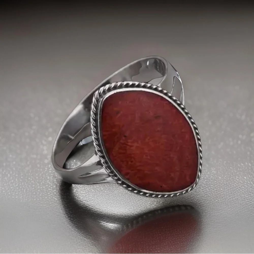 Coral Sponge Dark Red Marquee Shaped Sterling Silver Ring